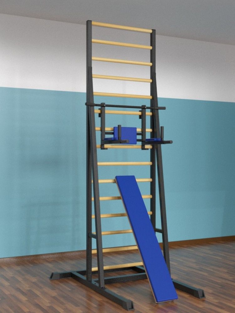 Шведская стенка напольная  металл-береза с брусьями 3 в 1 и доской  Pioner A16163