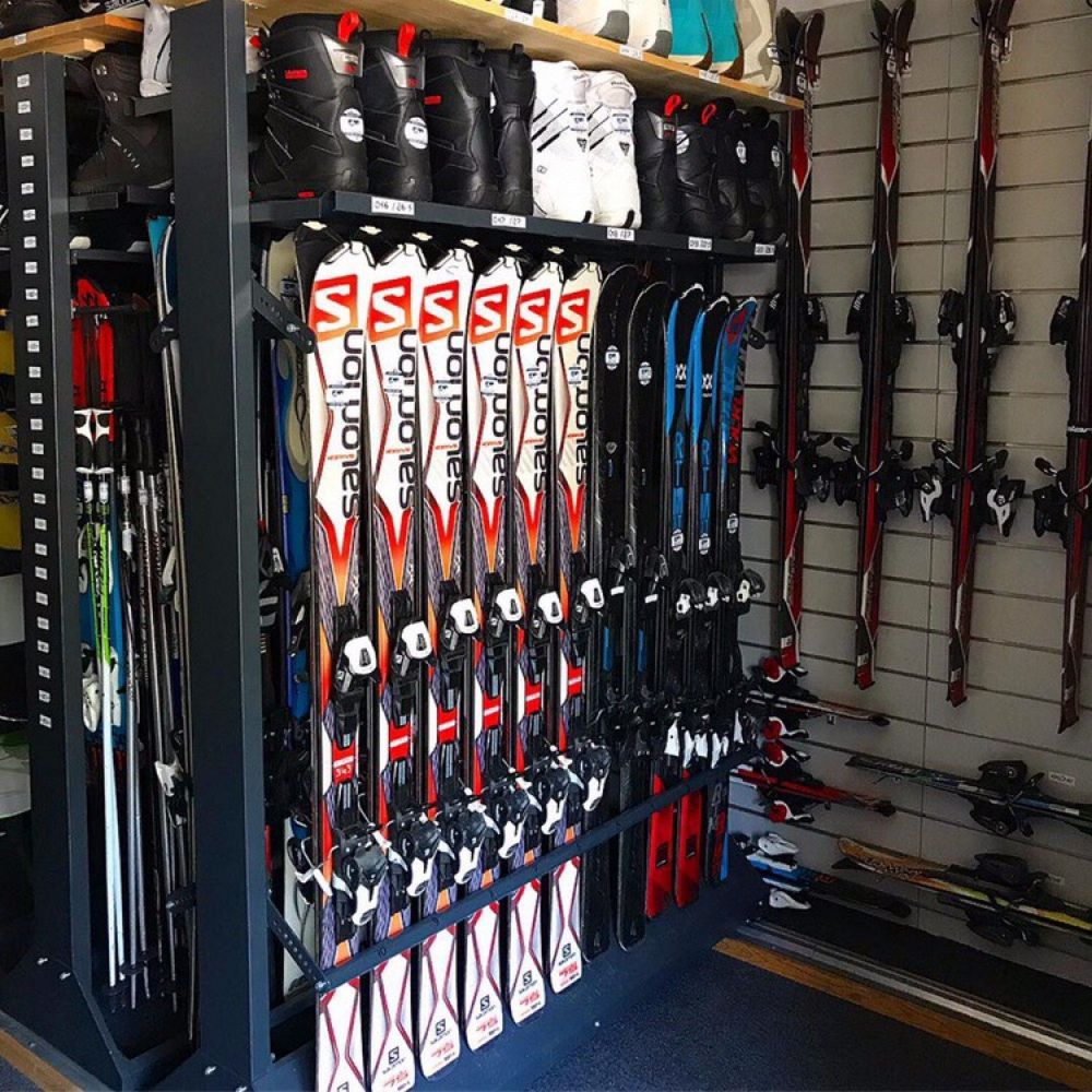 Стеллаж Премиум для горных лыж, двухсторонний с полками 219х155х67см  GLPPD-22
