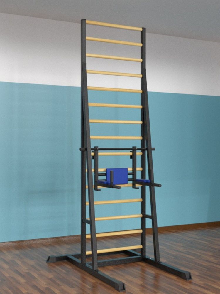 Шведская стенка напольная разборная  металл-береза с брусьями 3 в 1 Pioner A16197