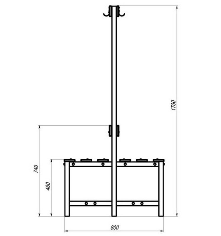 Скамейка с вешалкой для раздевалок двухсторонняя, 120 см  цельная Pioner A17189