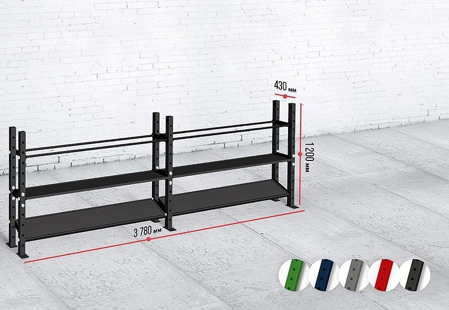 Модульный стеллаж для гантелей, гирь и медболов 378х43х120 (2 секции) Pioner A12228