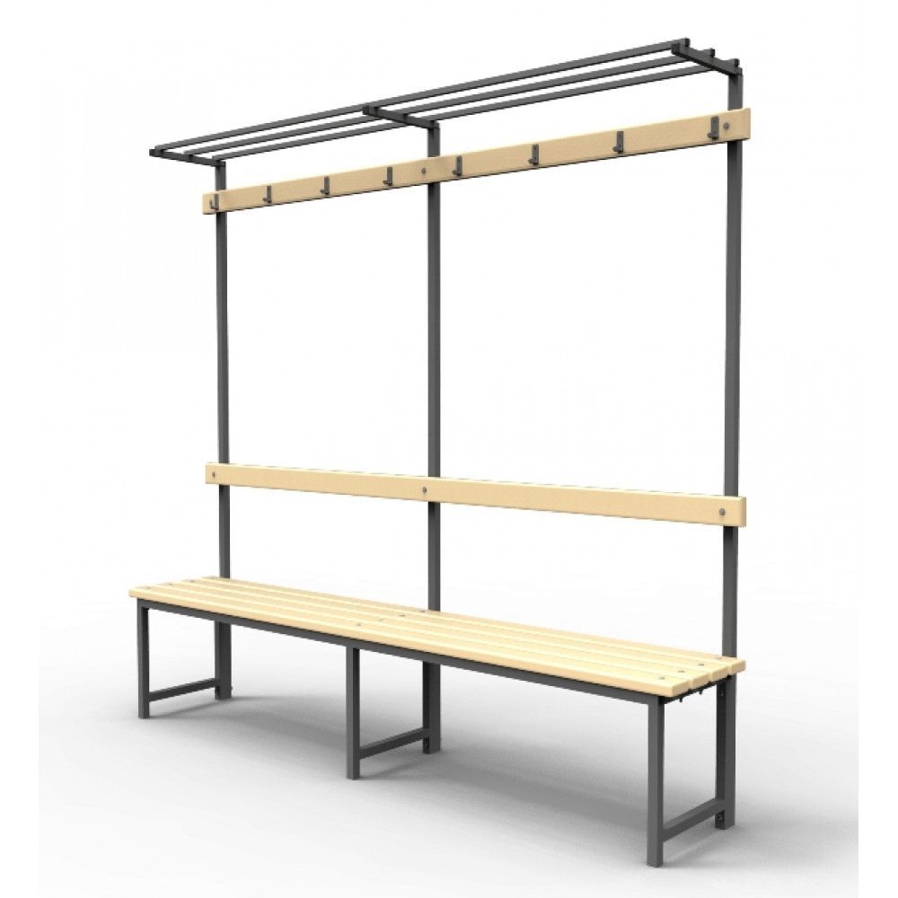 Скамейка для раздевалок с вешалкой и полкой (пластик 20 мм) 150x36х182см  SRVP 150/40/182