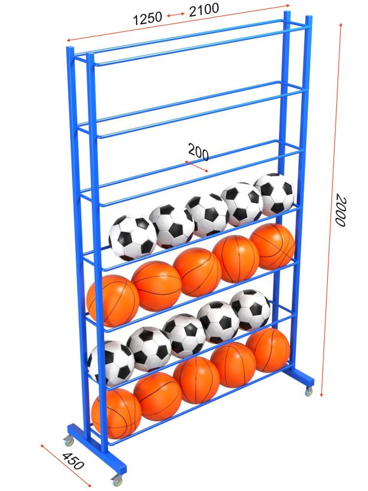 Стеллаж для мячей односторонний 200х125х35 на 28шт. Pioner A13573