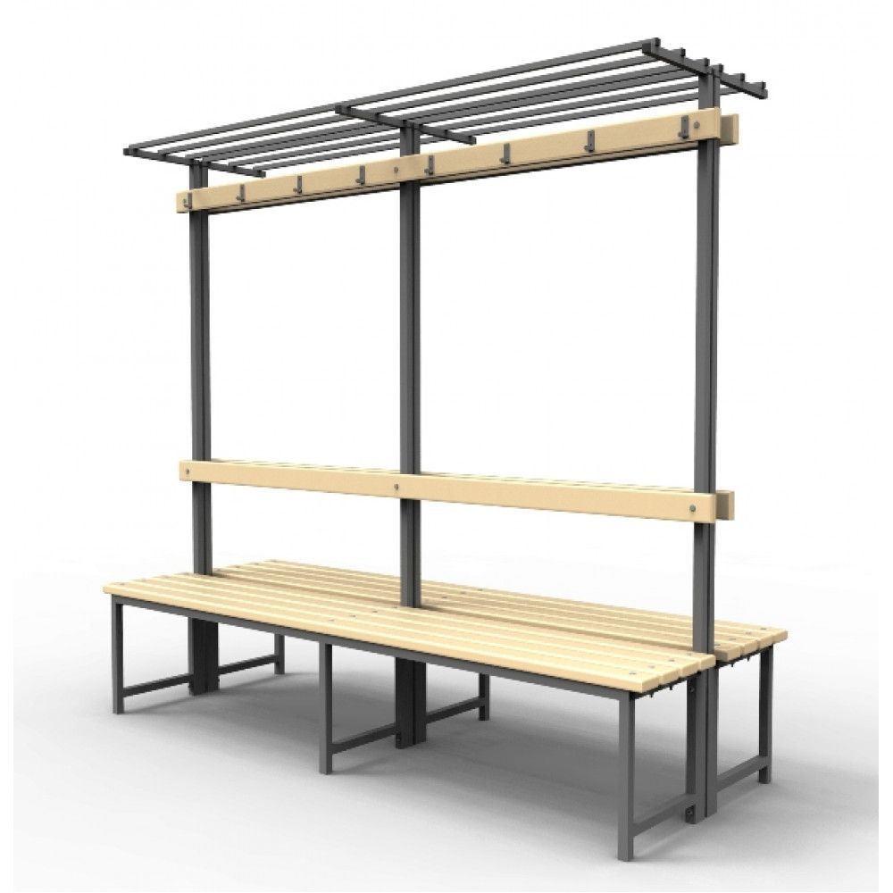 Скамейка для раздевалок с вешалкой и полкой, двойная (пластик 20 мм) 200x70х182см  SRVPD 200/75/182