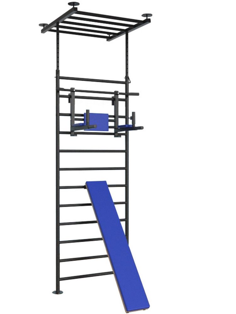 Шведская стенка враспор с регулировкой высоты с турником и доской наклонной  Pioner A16183